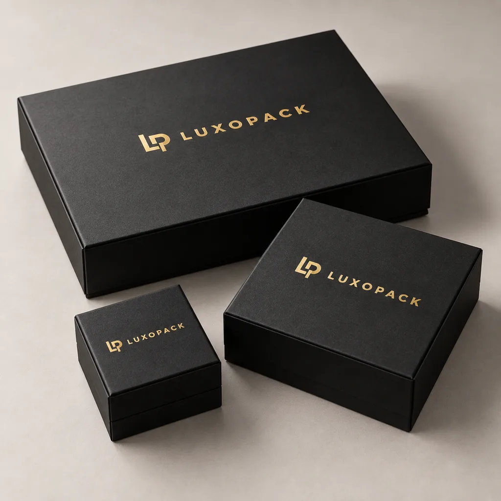 Three matte black rigid gift boxes in small, medium and large sizes with gold foil LuxoPack logo