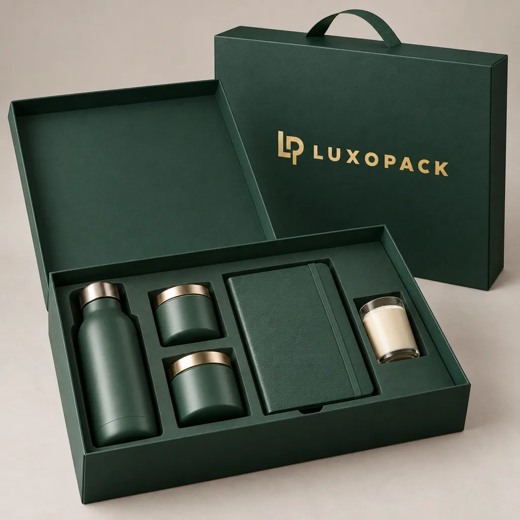 Large open green rigid gift box with a fitted insert holding a corporate gift set and gold foil LuxoPack logo