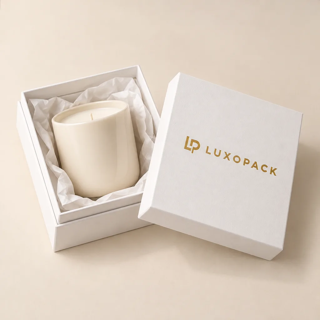 Open white lid-and-base gift box lined with tissue paper holding a candle jar