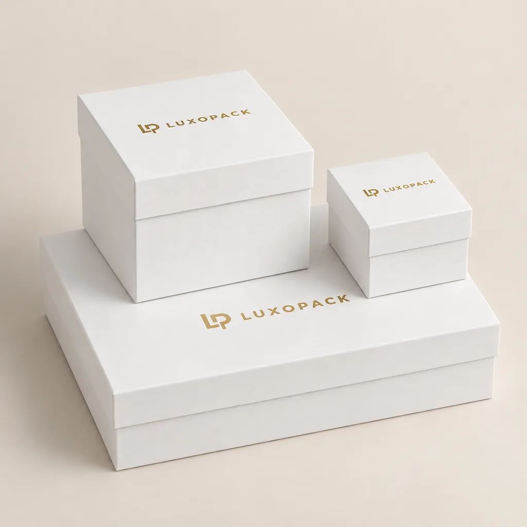 Three white rigid gift boxes with lift-off lids in different sizes with gold foil LuxoPack logo