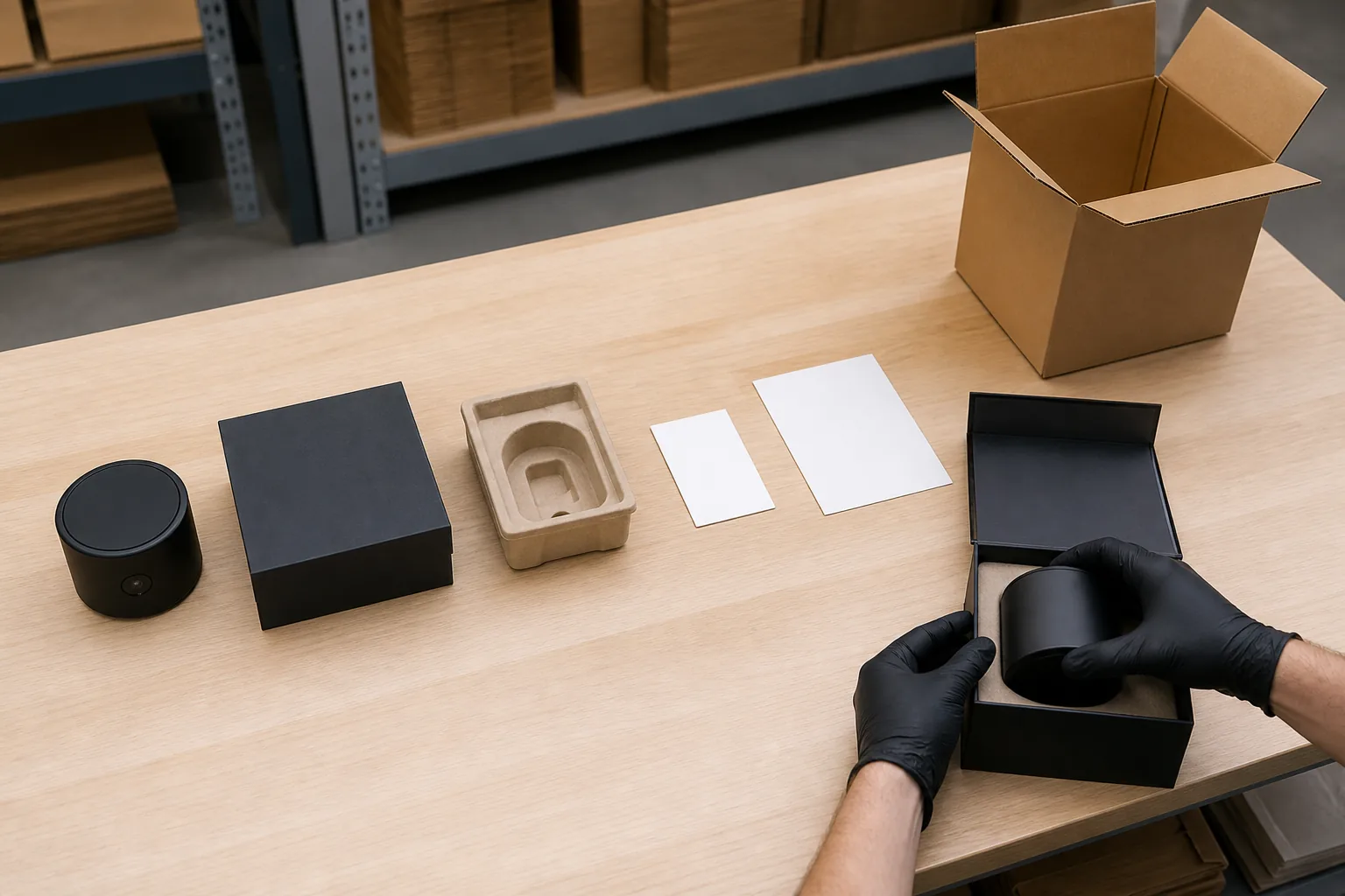 Fulfillment kitting workbench with unbranded product, gift box, insert, card, label stock and shipping carton in separate zones
