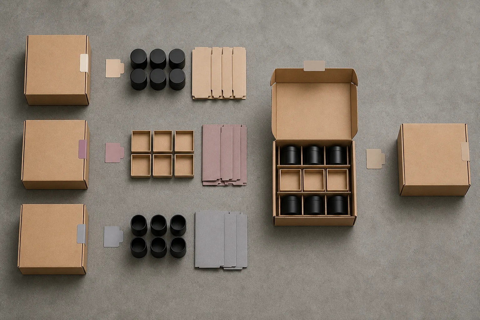 Overhead material flow from three inbound component cartons through a kitting station to one completed outbound carton