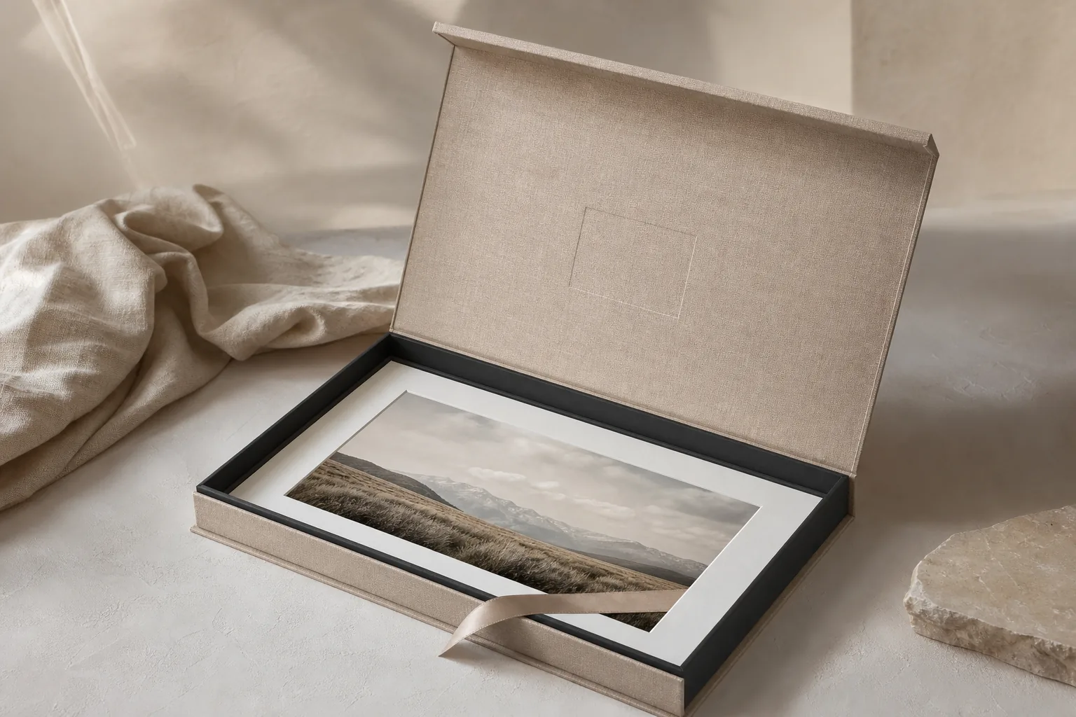 Oatmeal linen wrapped rigid presentation box holding a fine art print with mat board and ribbon lift