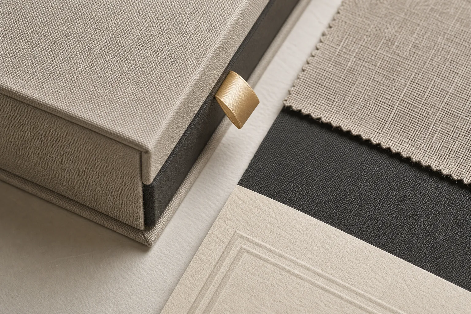 Close-up of natural linen book cloth and linen embossed paper samples beside a rigid presentation box