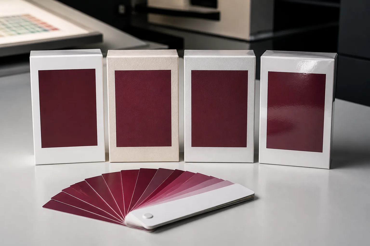 Muted burgundy packaging color compared across coated paper, uncoated paper, matte laminate and gloss laminate