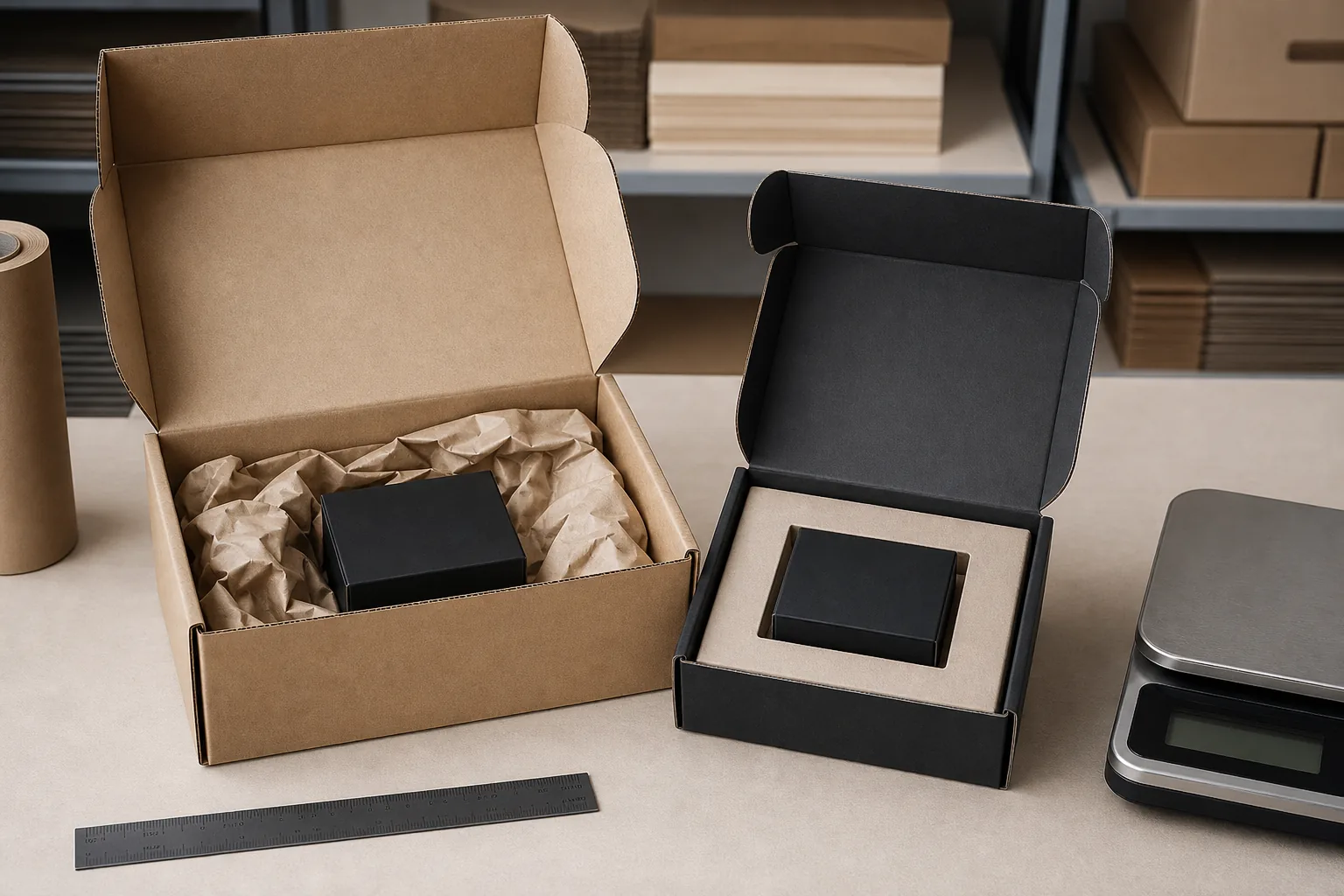Oversized shipping box with void fill compared with a right-sized mailer and fitted paperboard insert