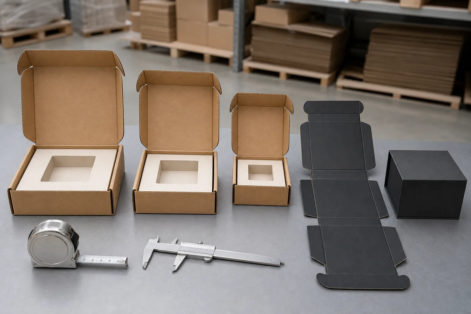 Graduated right-sized mailer box prototypes with fitted paper inserts and measuring tools