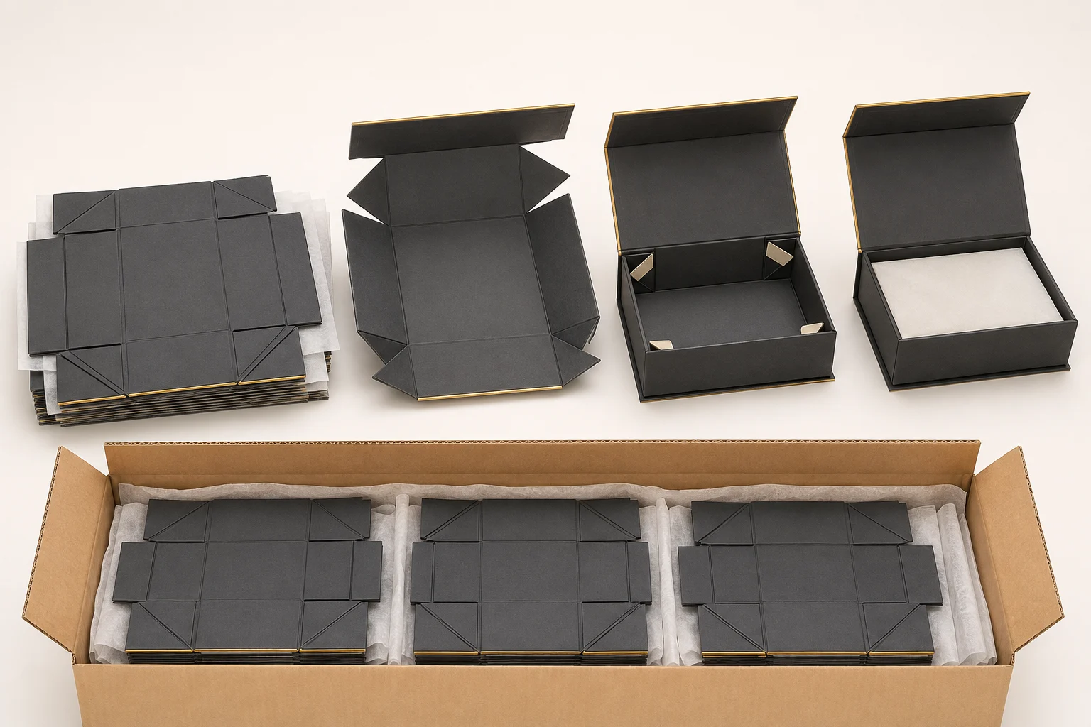 illustrative flat-packed magnetic boxes and shipping carton arrangement