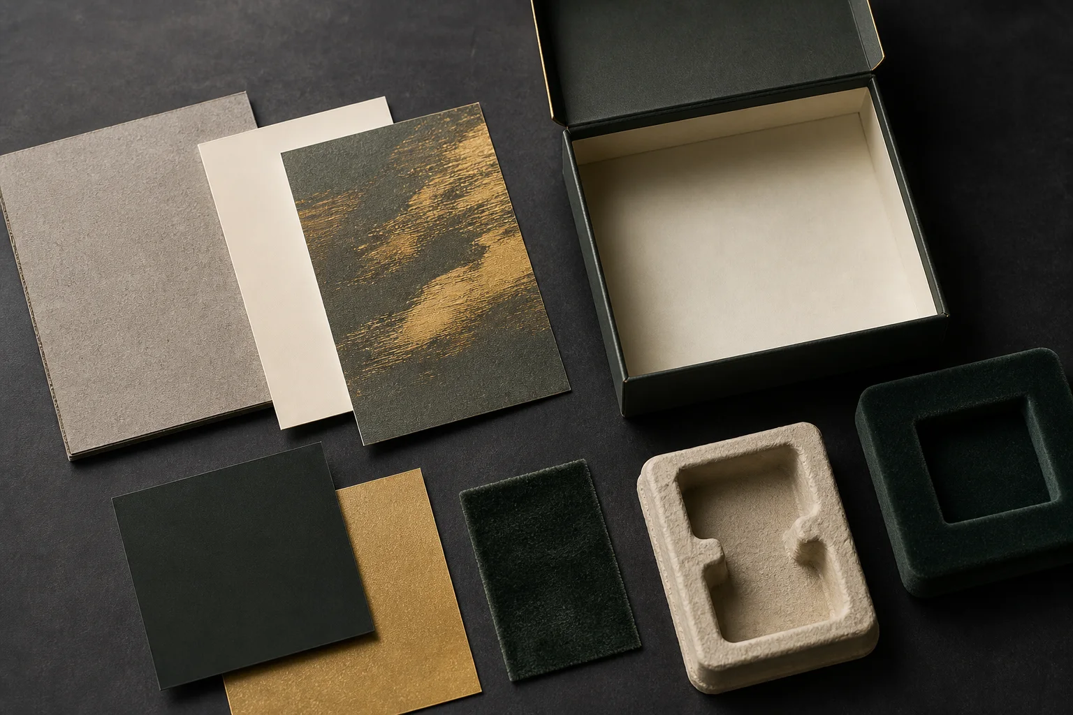 greyboard, coated paper, foil, velvet and molded pulp packaging material swatches