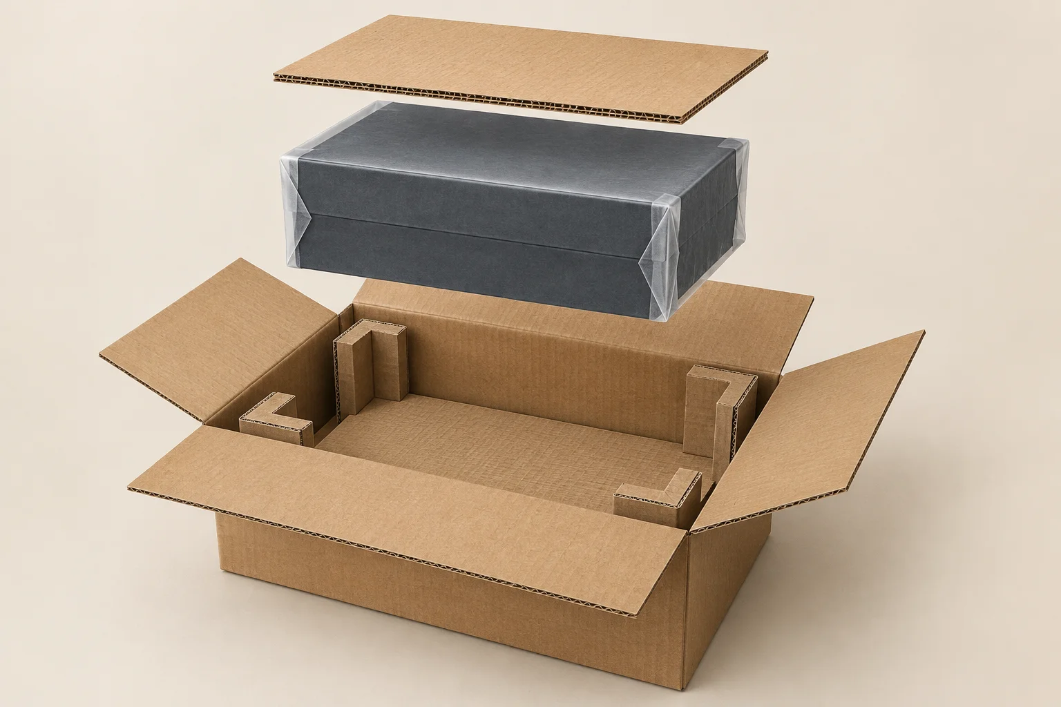 Illustrative wrapped gift box, corner supports, top pad and corrugated outer shipper