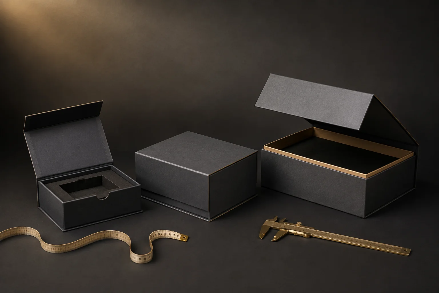 three unbranded rigid gift boxes shown at different sizes with measuring tools