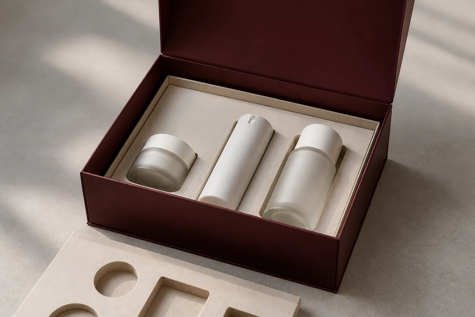 Open rigid gift set box with three different-size unbranded skincare containers and a fitted paperboard insert