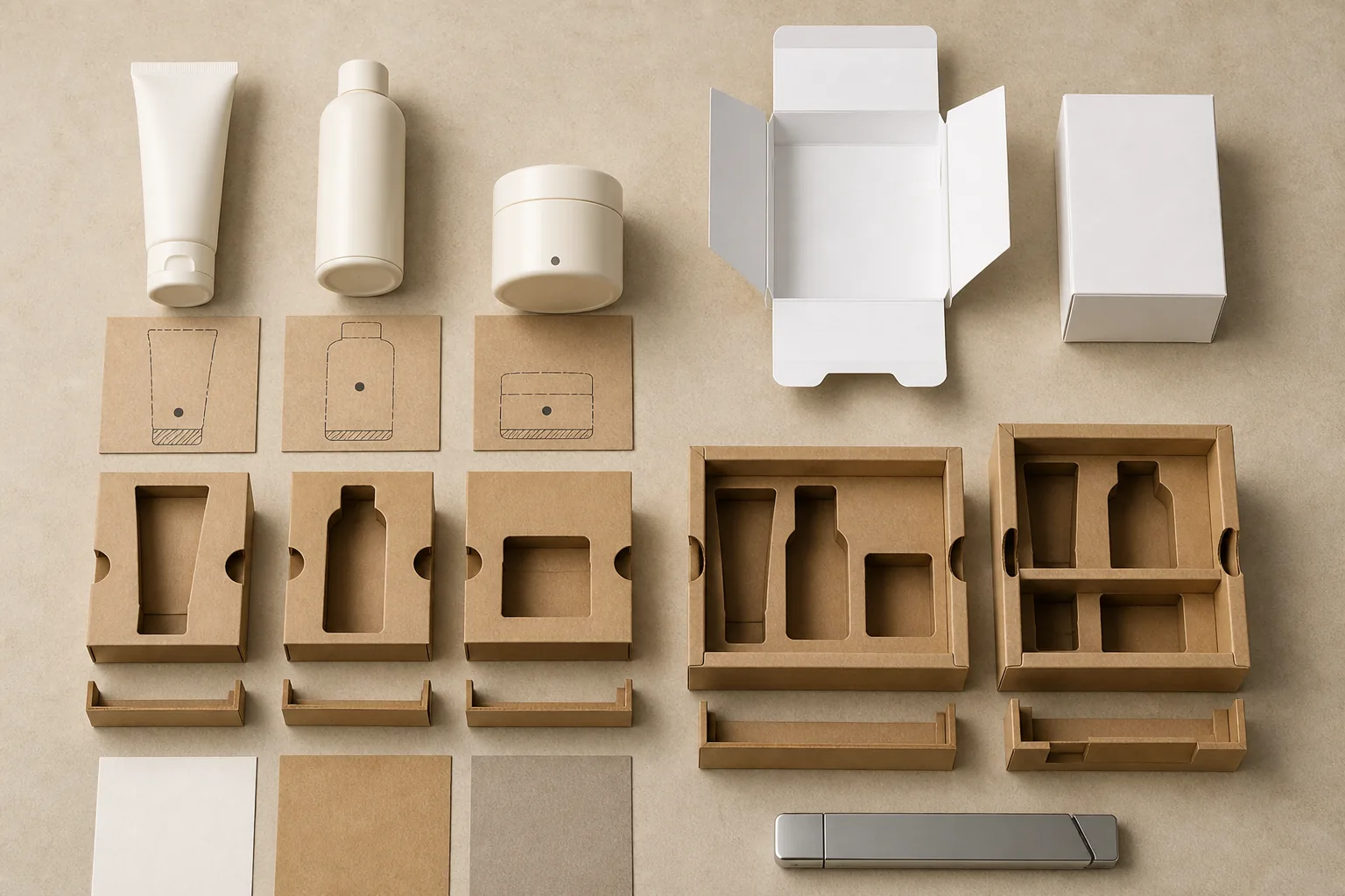 Overhead comparison of white sample, single-level and two-level paperboard insert layouts for a mixed-product gift set