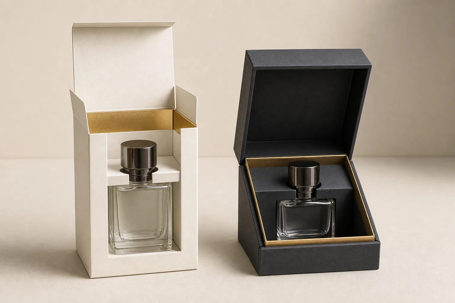 Side by side folding carton and rigid presentation box holding the same unbranded perfume bottle