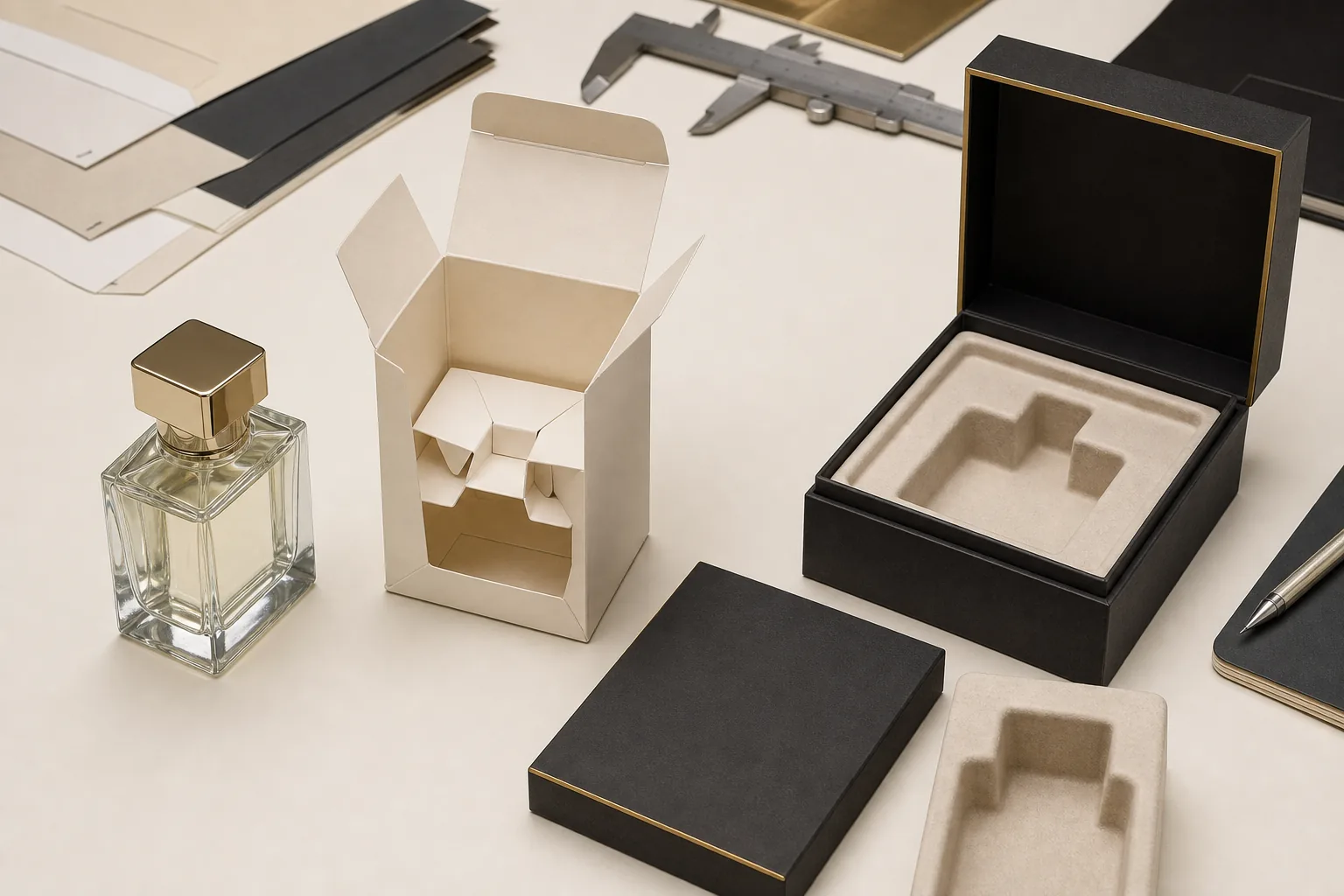 Perfume bottle beside folding carton neck lock insert and rigid box molded paper insert prototypes