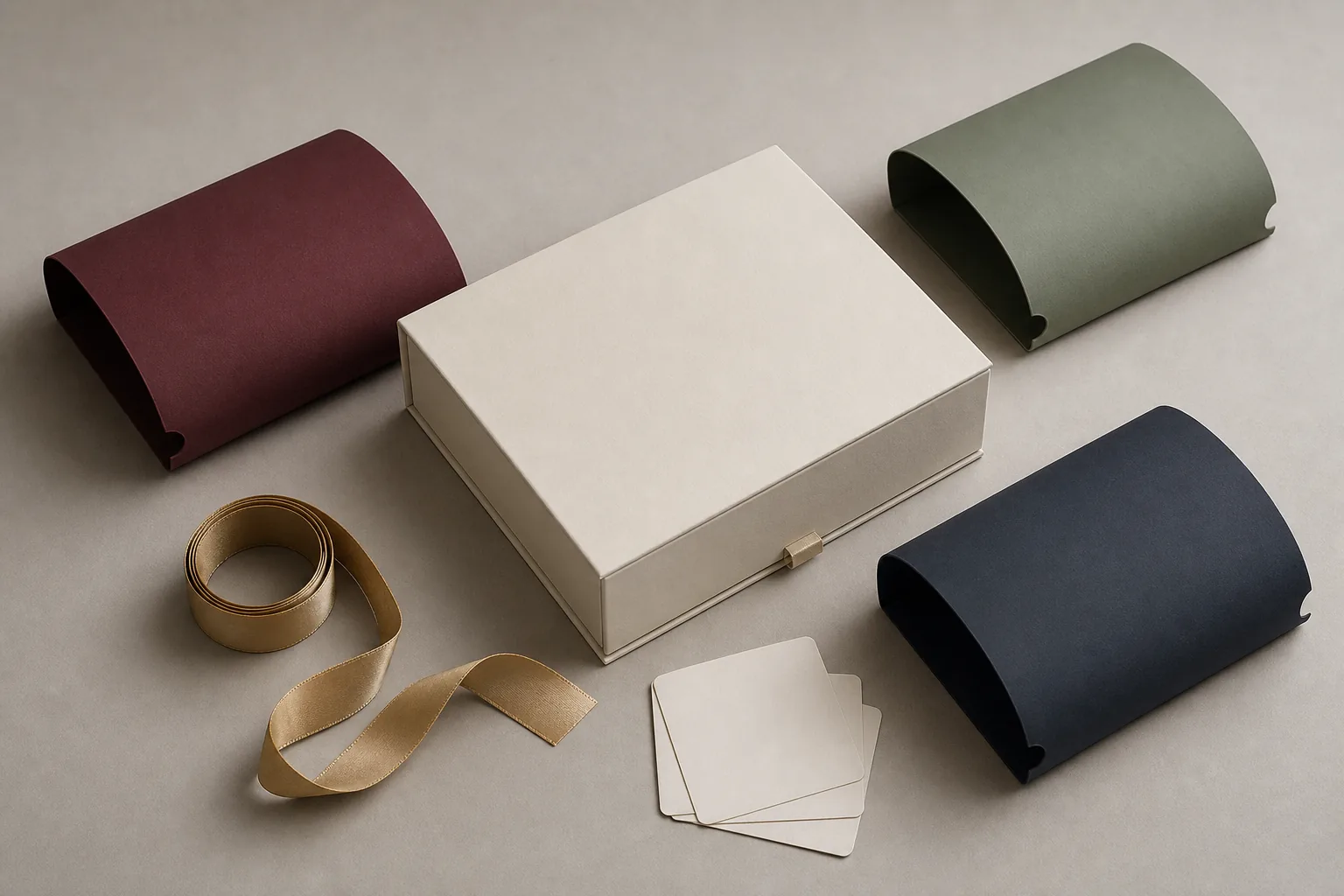 Evergreen ivory rigid gift box with interchangeable burgundy green navy sleeves gold ribbon and blank cards
