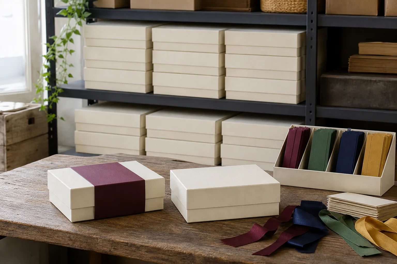 Small brand storage shelf with neutral gift boxes and compact organizer of seasonal sleeves ribbons and cards