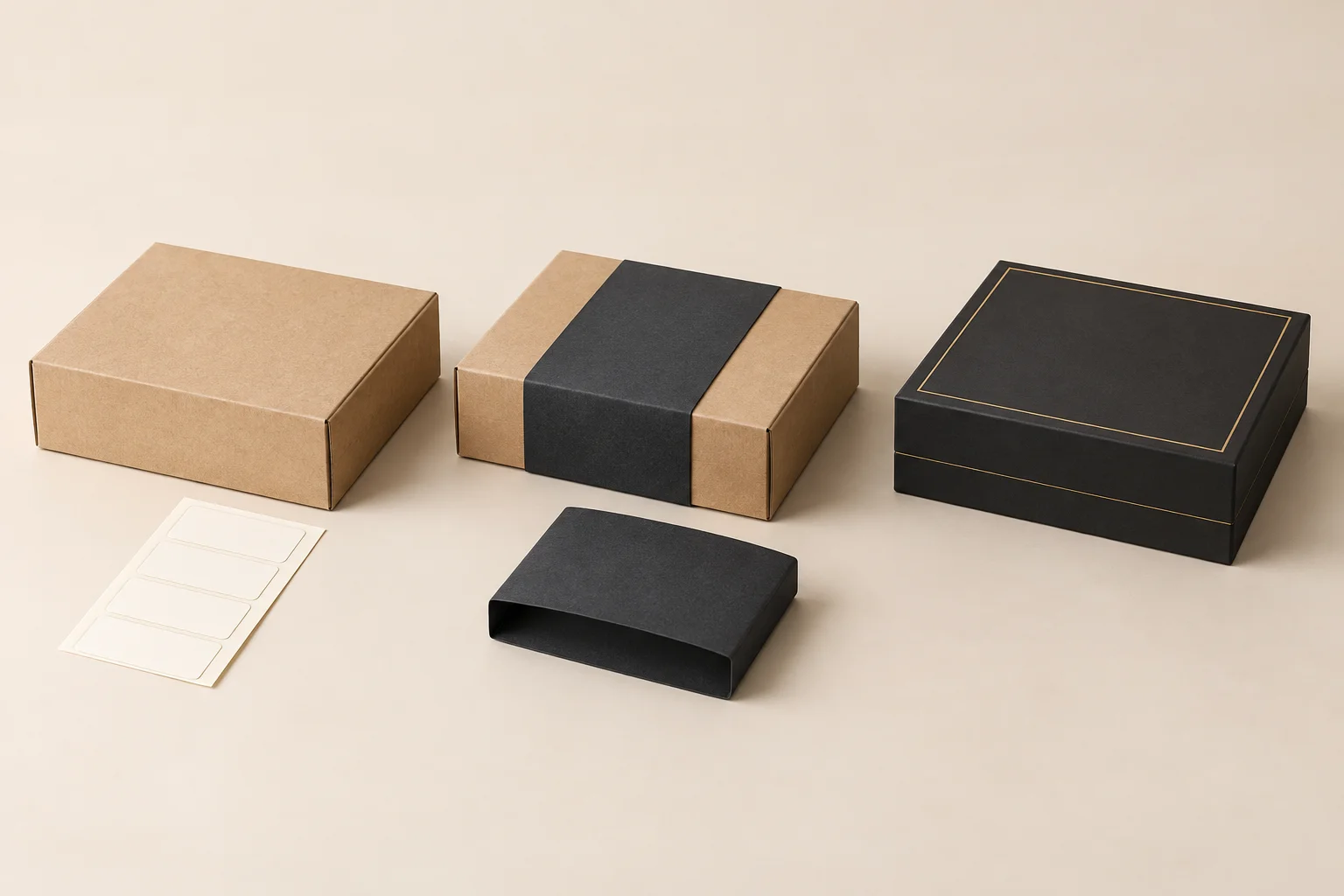 Illustration of a plain box with labels, a sleeved box and a custom-finished gift box