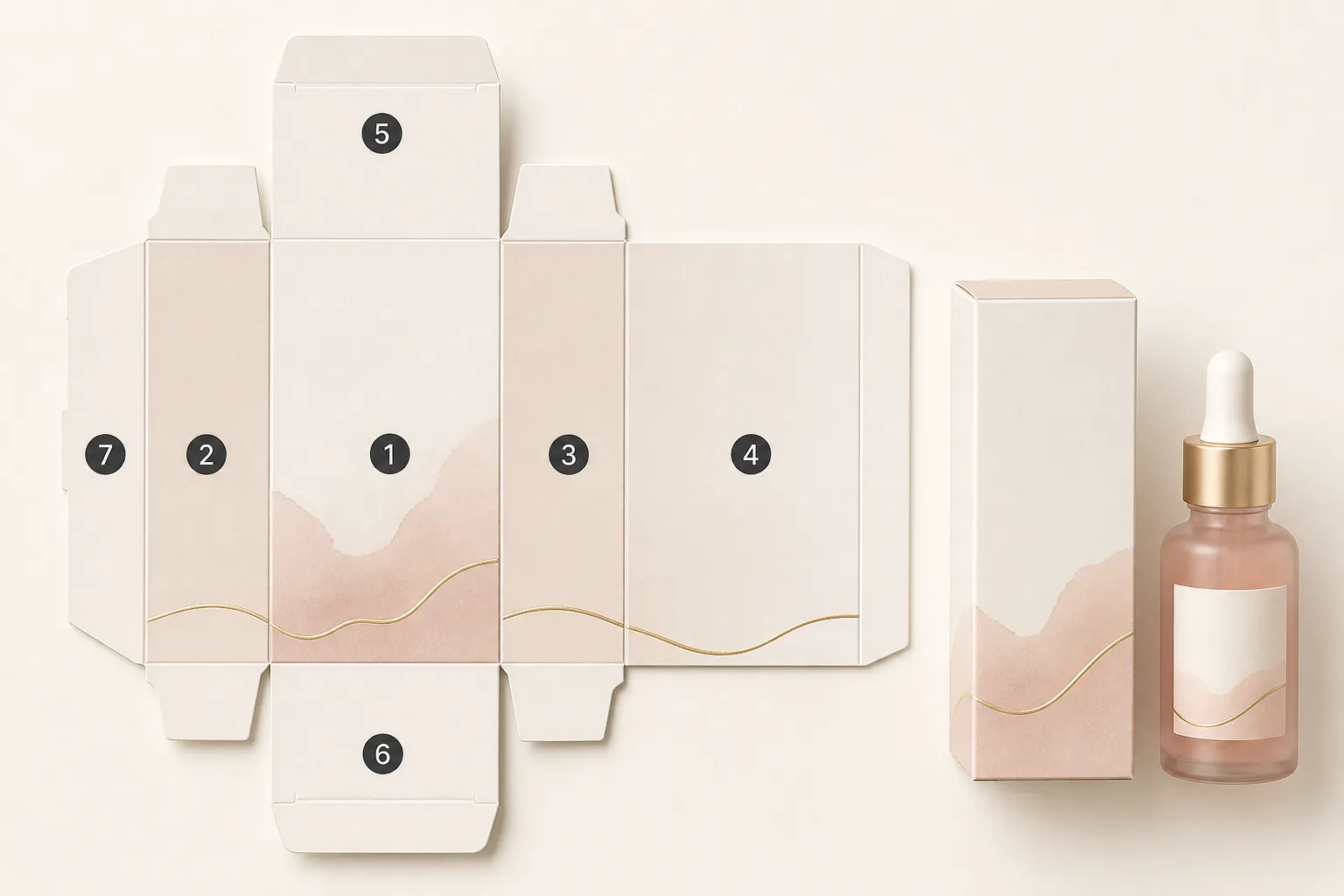 Illustrated cosmetic folding carton dieline with seven numbered panel zones beside an assembled carton and serum bottle