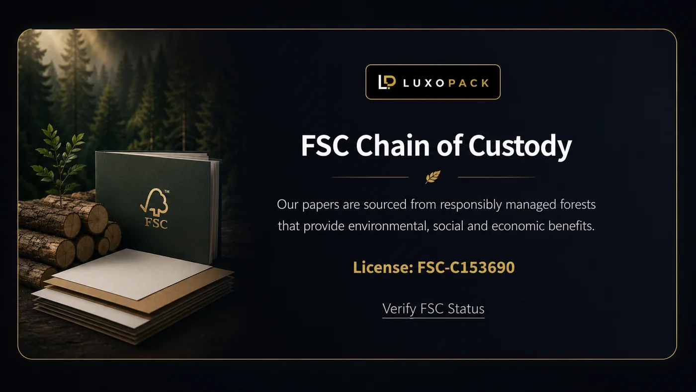 FSC certified gift boxes manufacturer chain of custody license FSC-C153690 sustainable packaging LuxoPack