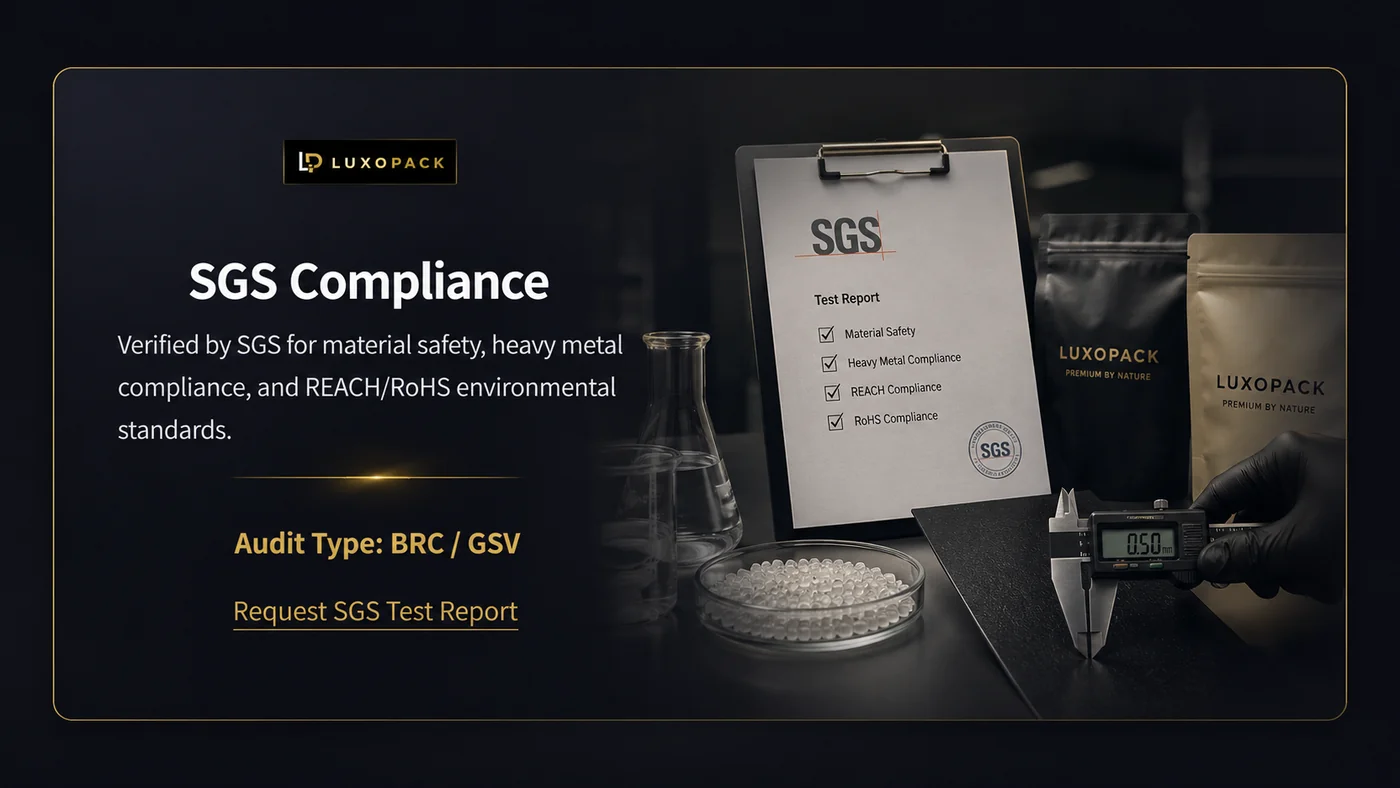 LuxoPack SGS compliance verified — material safety, heavy metal, REACH/RoHS, BRC/GSV audit