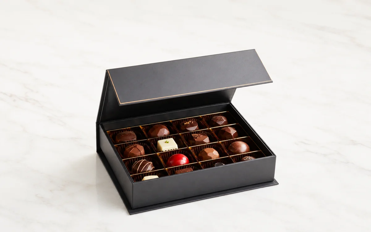 chocolate gift box with gold dividers magnetic lid food grade compartment tray wholesale LuxoPack