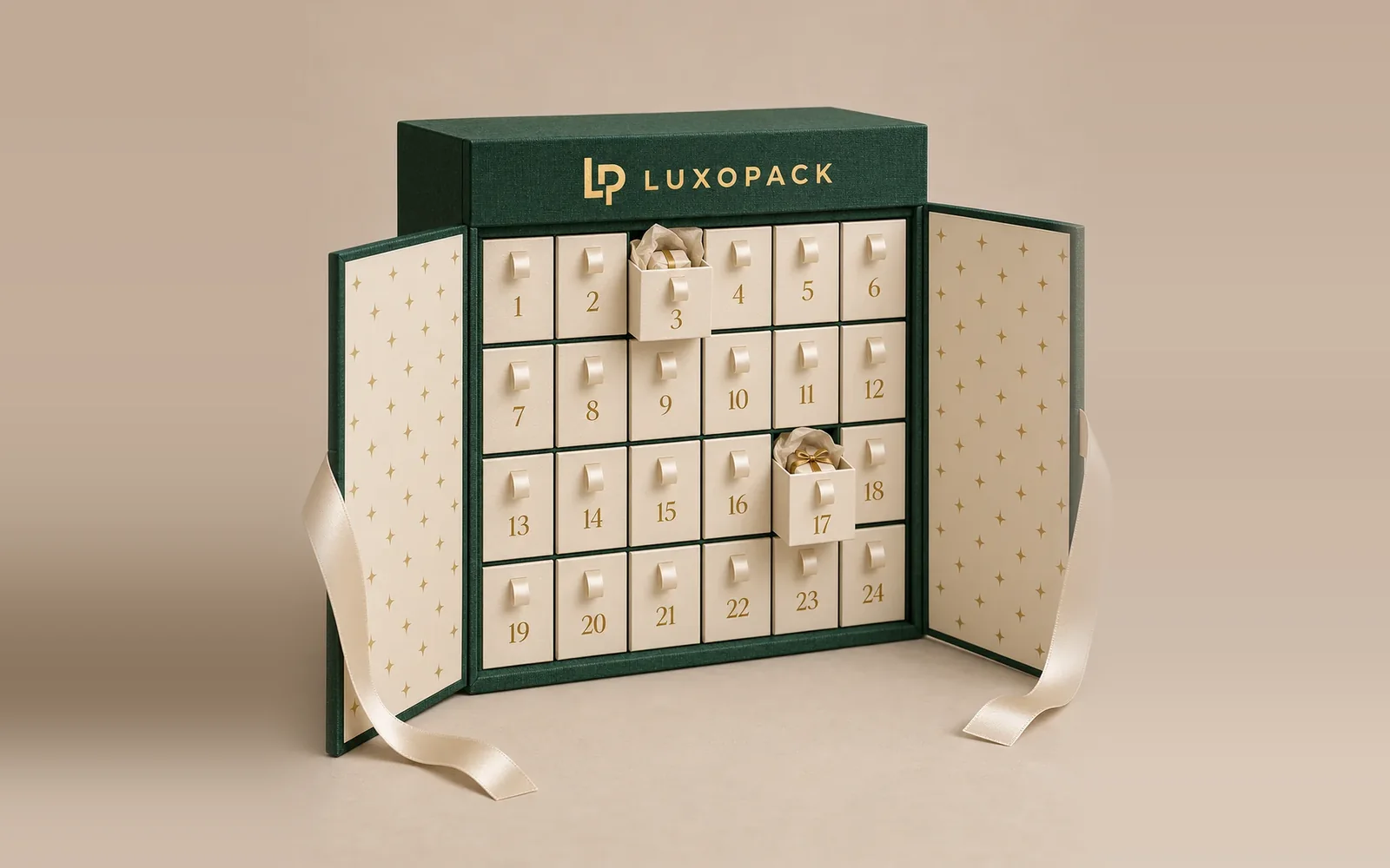 Advent calendar cabinet box with two front doors and numbered drawers