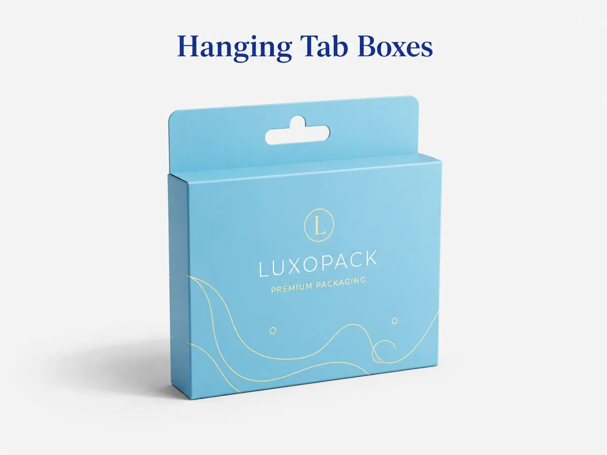 custom hang tab box with die-cut euro slot hook for retail peg display full colour print LuxoPack