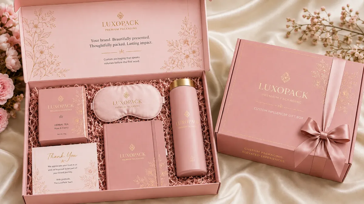 blush pink influencer PR box with gold foil floral artwork satin ribbon and colour matched crinkle filler LuxoPack