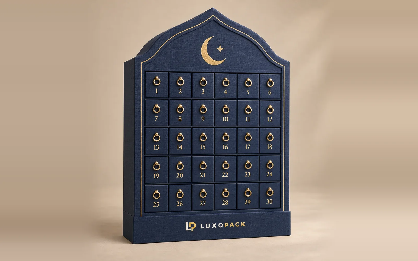 Arch-topped Ramadan calendar box with 30 numbered drawers and a gold foil crescent