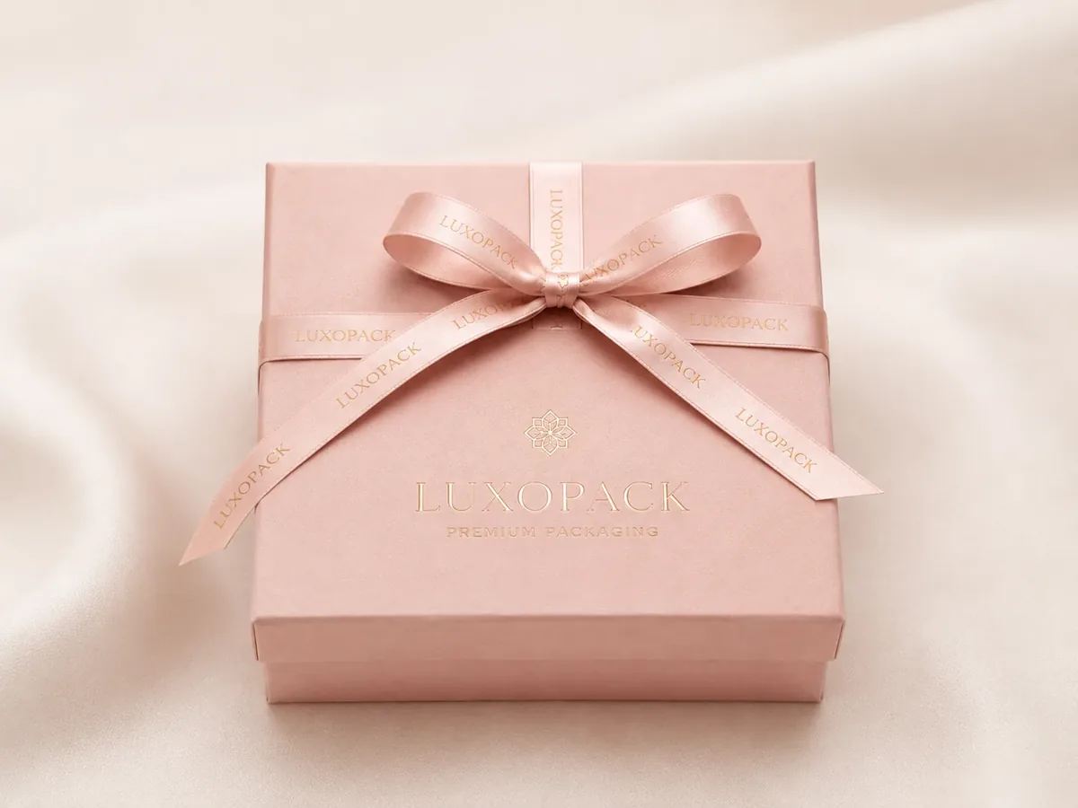 blush pink velvet gift box with debossed logo and custom printed satin ribbon bow LuxoPack wholesale