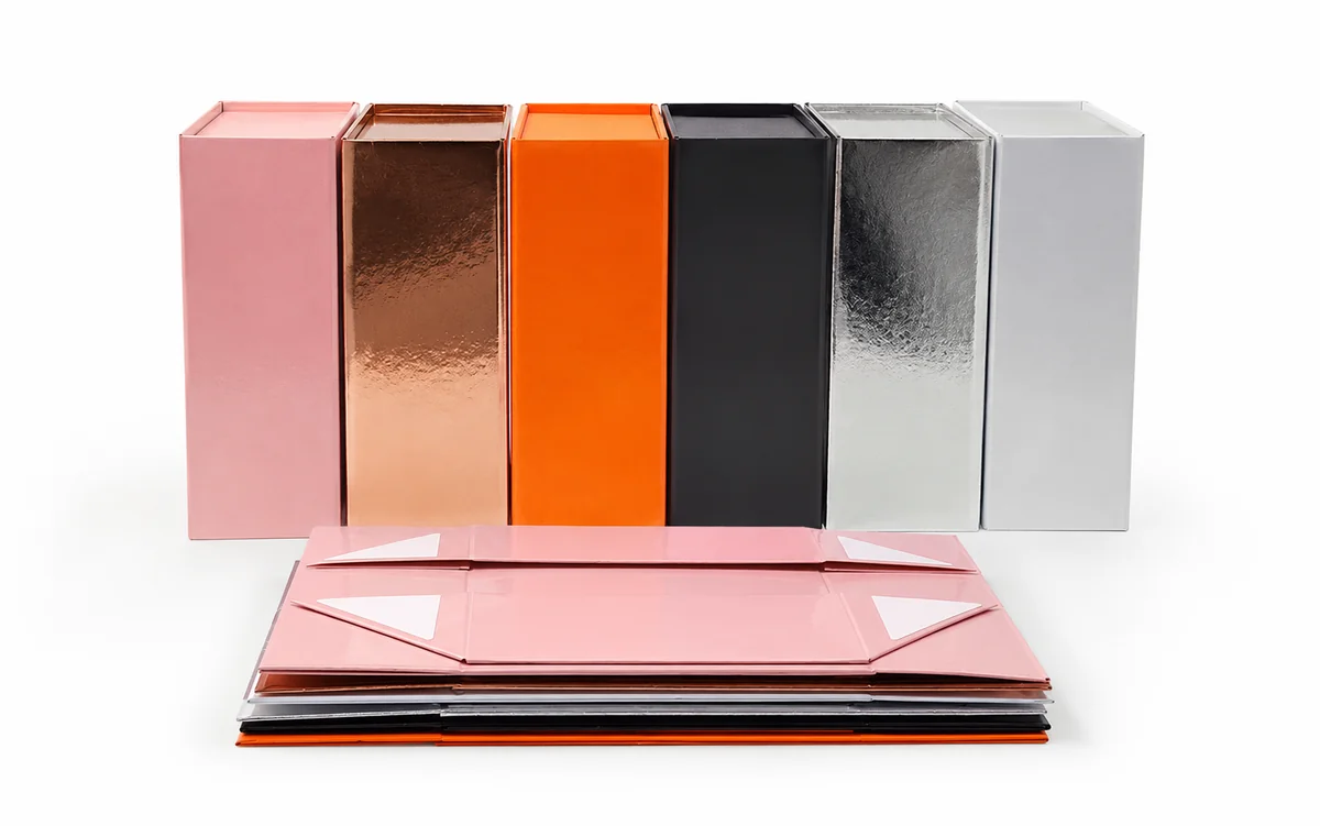 foldable magnetic gift box color range pink rose gold orange black silver white ships flat wholesale LuxoPack