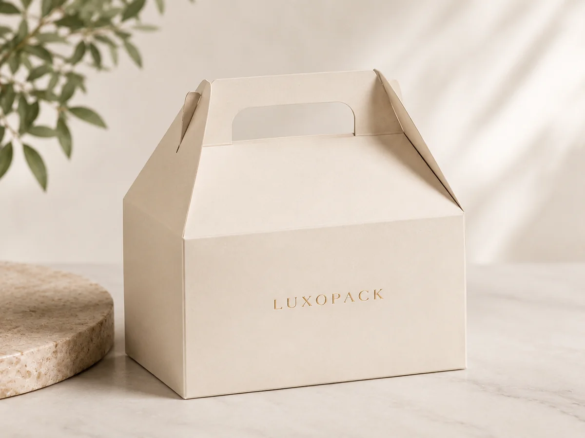 custom gable gift box with handle house shaped box for food party favors hampers wholesale China LuxoPack