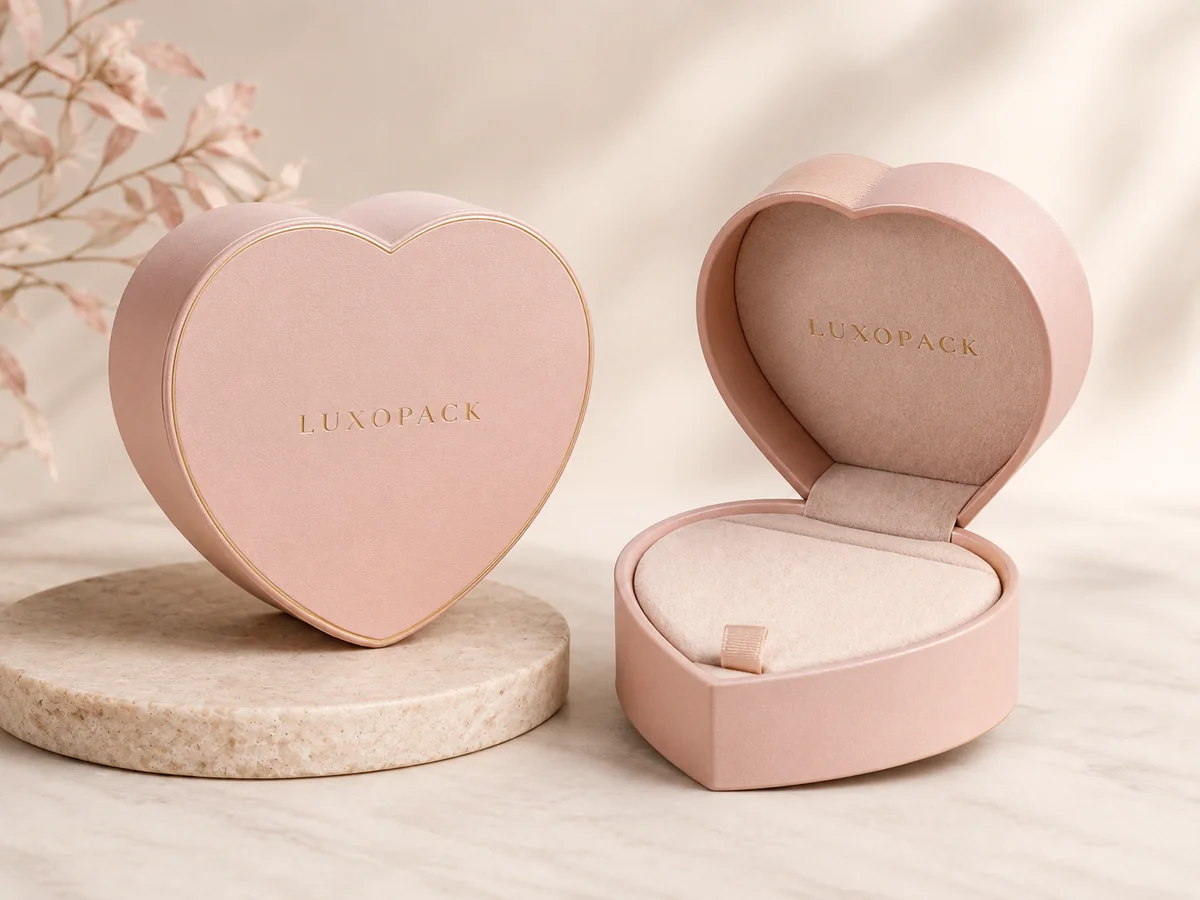 wedding favor boxes personalised heart pyramid and gable formats with foil names and dates LuxoPack