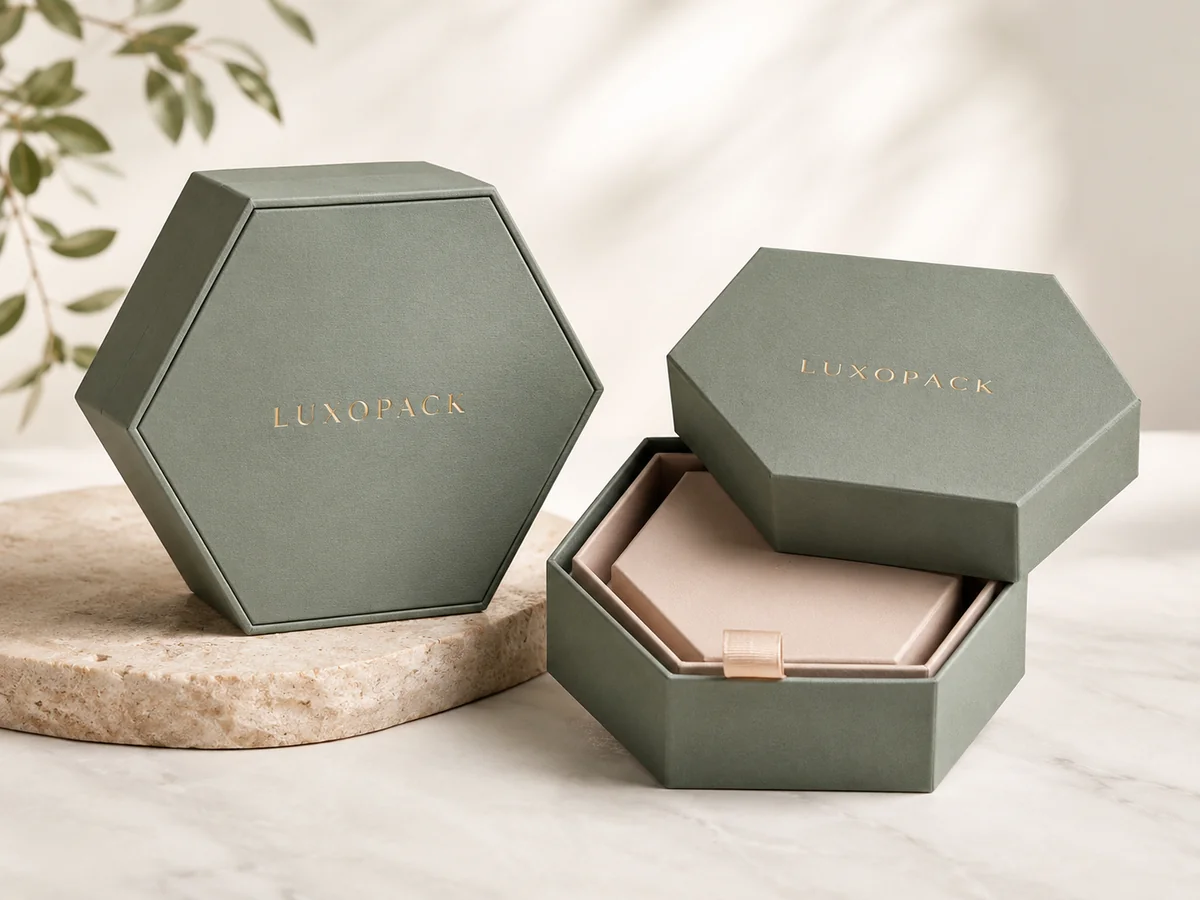 custom hexagon gift box six sided rigid box with velvet insert gold foil wholesale China LuxoPack