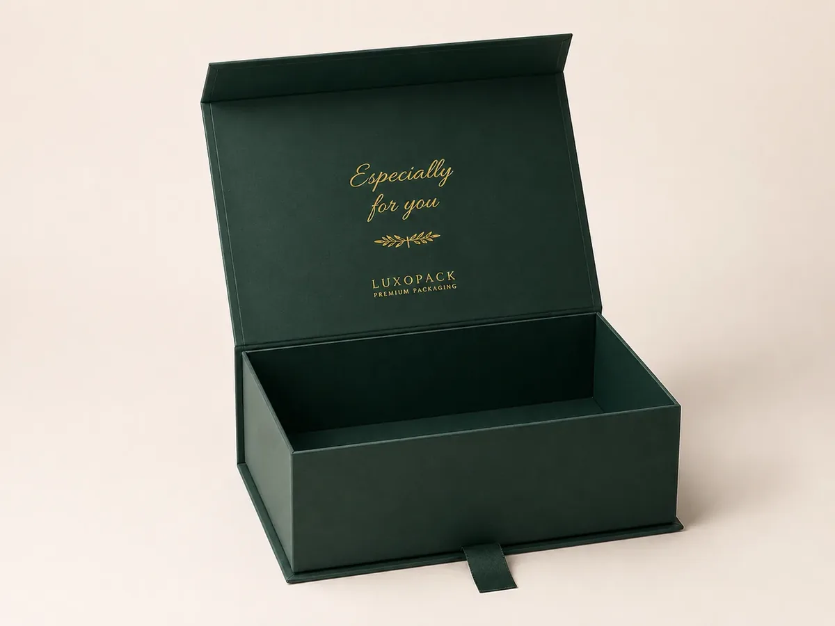 custom magnetic gift box with gold foil interior - factory direct pricing example LuxoPack