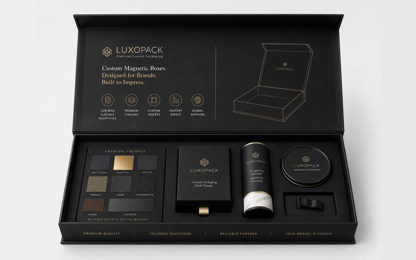 Hot foil stamping, embossing and soft-touch lamination samples for luxury perfume box finishes