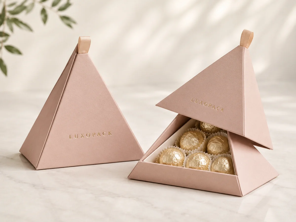 custom chocolate packaging boxes with food safe truffle trays pyramid and rigid formats LuxoPack